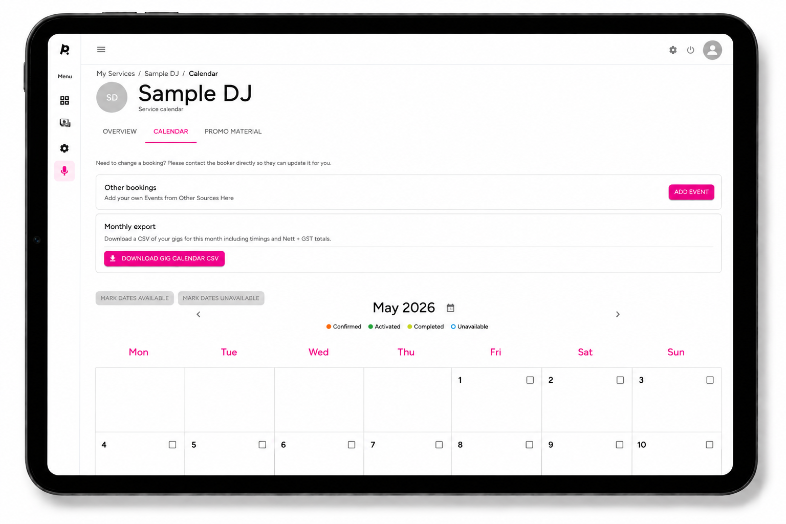 Download Gig Calendar CSV