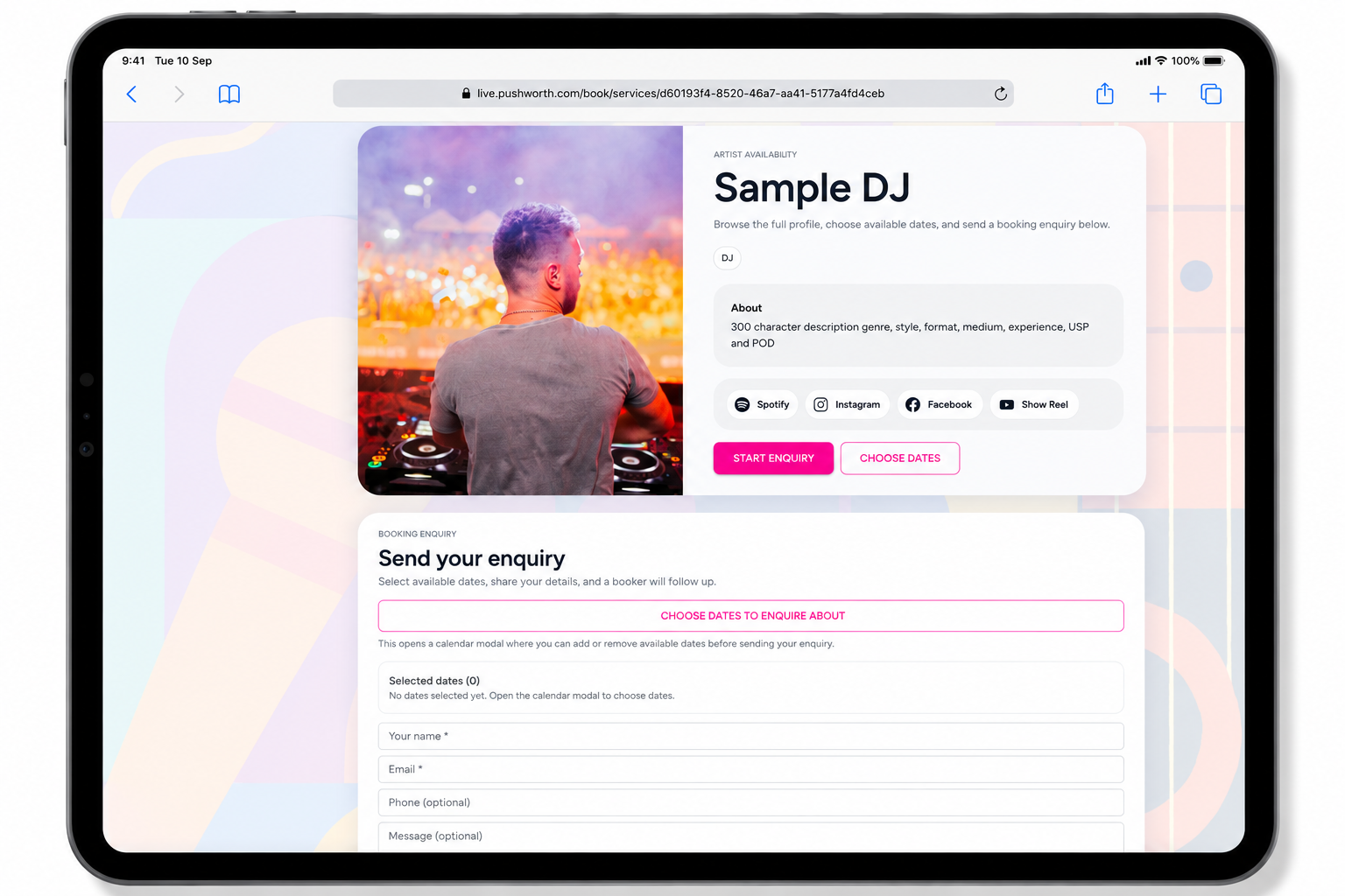 Public Booking Profile and Enquiry Form