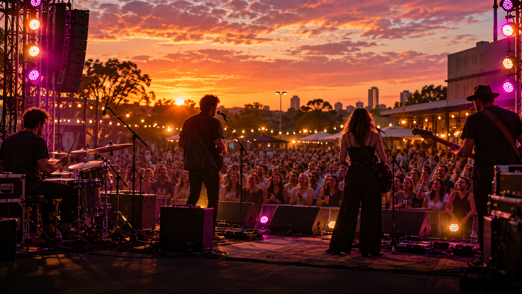 Outdoor live music festival at dusk